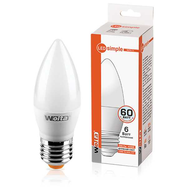 Лампа светодиодная свеча 6Вт 220В E27 4000К WOLTA Simple