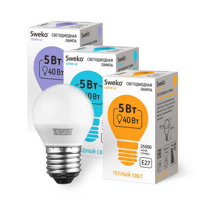 Светодиодная лампа Sweko 42 серия 42 LED-G45-5W-230-3000K-E27(шарик матовый)