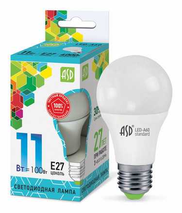 Лампа светодиодная LED A60 standard 11Вт 220В Е27 4000К 900Лм ASD_0