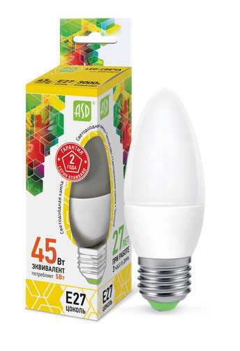 Лампа светодиодная LED СВЕЧА standard 5.0Вт 160-260В Е27 3000К 400Лм ASD_0