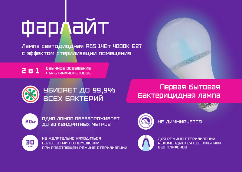 Лампа светодиодная А65 14 Вт 4000 К Е27 с эффектом стерилизации помещения